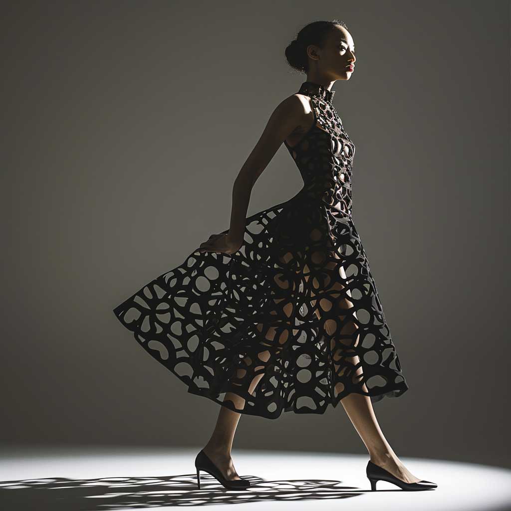 Laser-cut jacquard textile dress detail
